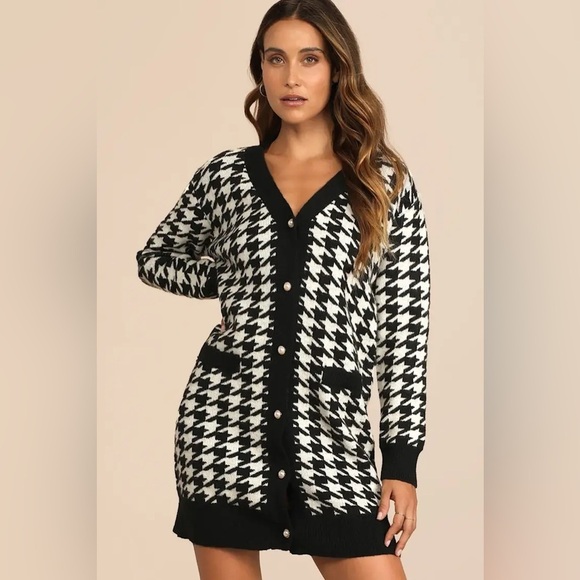 Lulus Truly Iconic Black and White Houndstooth Cardigan Sweater Dress - Picture 2 of 7
